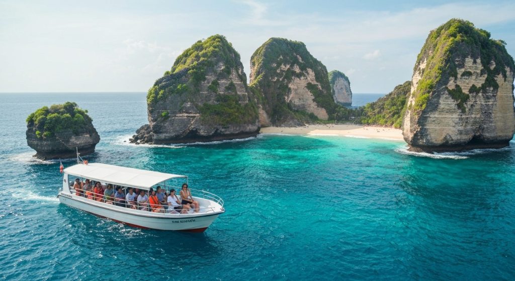 all-inclusive Nusa Penida tour scene, comfortable tour boat and clifftop viewpoint over Kelingking Beach