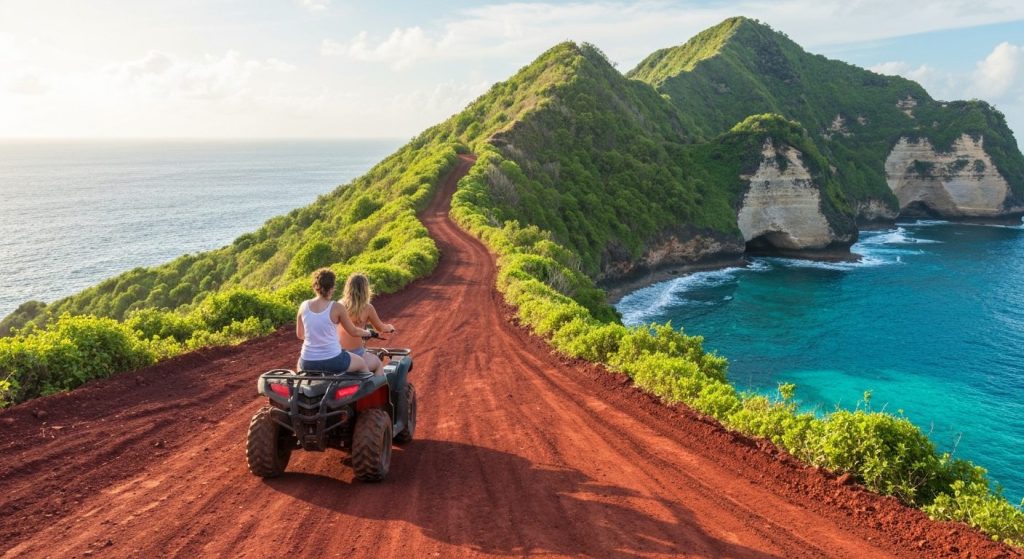 ATV and private car land tour on Nusa Penida, red-dirt road through tropical green hills with an ocean view