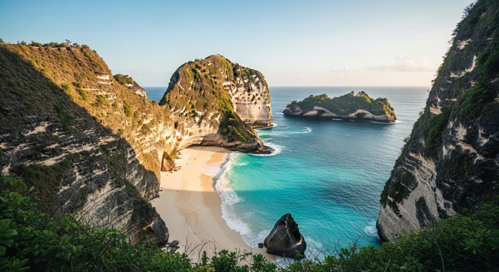 best beaches in Nusa Penida, Diamond Beach and Atuh Beach white sand framed by limestone cliffs and turquoise sea
