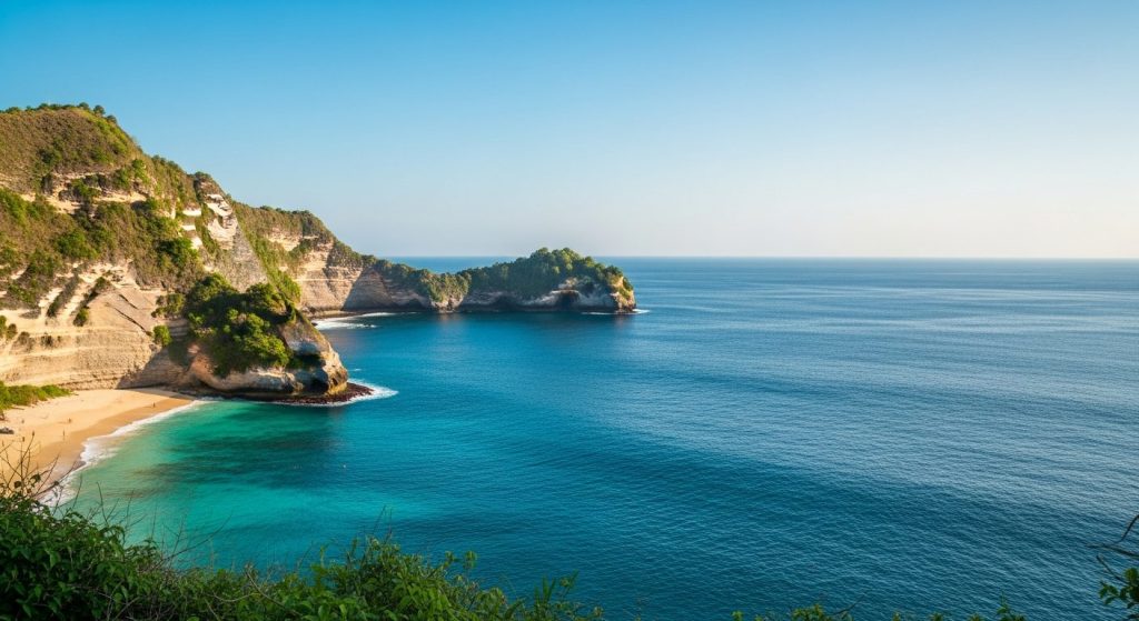 Nusa Penida in dry season, clear blue sky above Kelingking Beach, calm turquoise water