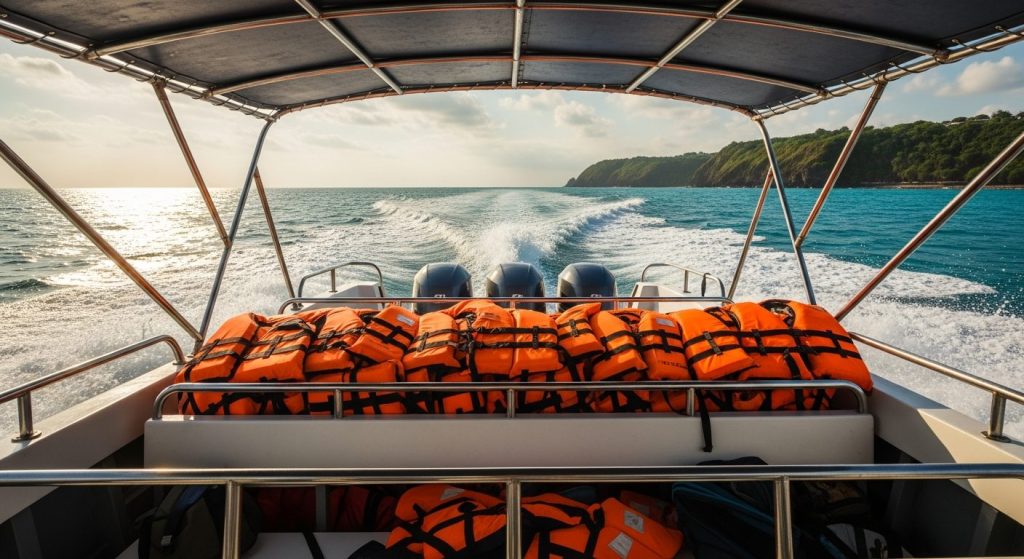 life jackets stowed on a fast boat crossing to Nusa Penida, choppy open-sea conditions under daylight