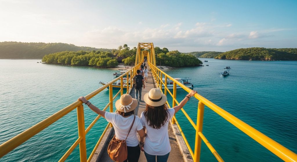 Nusa Penida and Nusa Lembongan island hopping, the Yellow Bridge over a turquoise channel, mangroves nearby