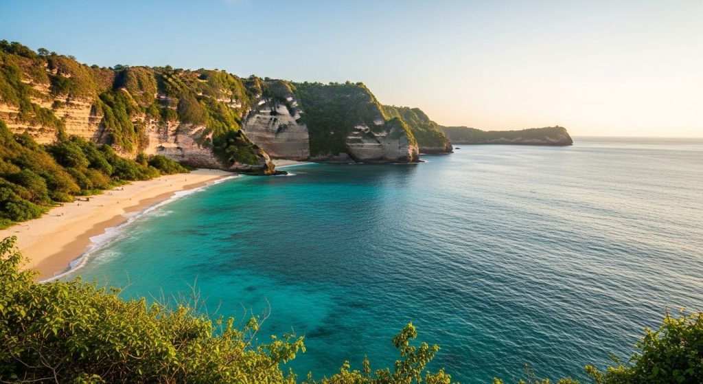 Crystal Bay Nusa Penida, a calm turquoise bay with a sandy beach and forested headland
