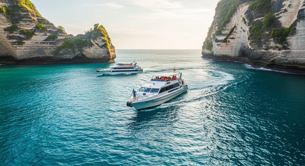 Nusa Penida day trip from Bali, fast boat arriving at Toya Pakeh harbour, blue ocean and tall cliffs