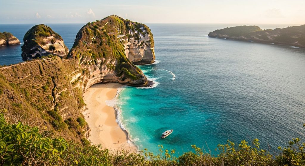 east Nusa Penida coast, Diamond Beach white sand and limestone cliffs, Atuh Beach turquoise bay