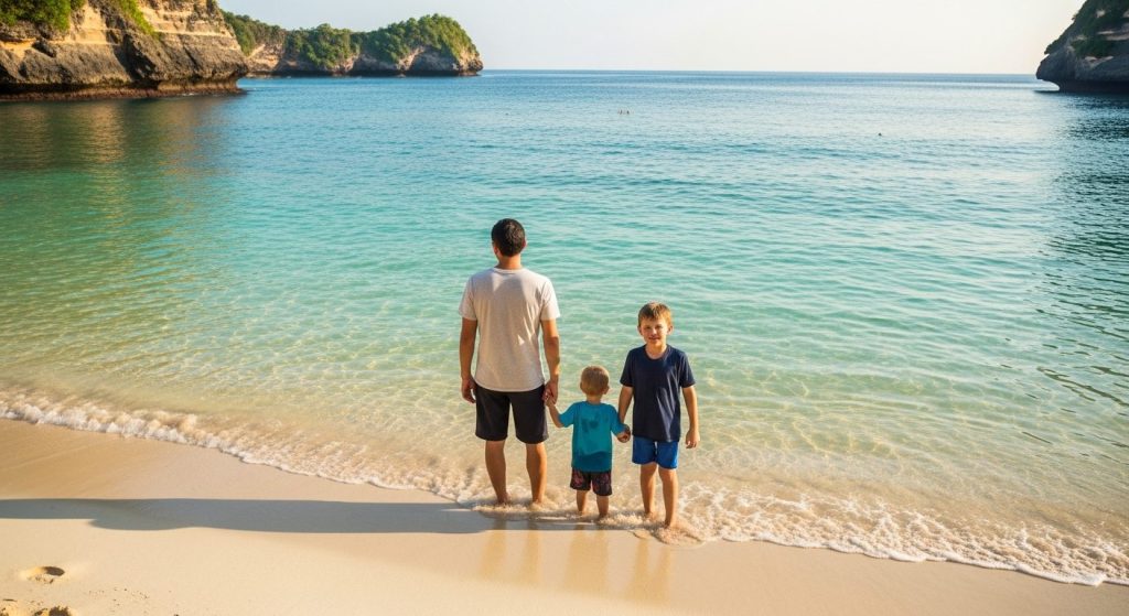 family-friendly calm shallow turquoise water at Crystal Bay Nusa Penida, gentle sandy beach