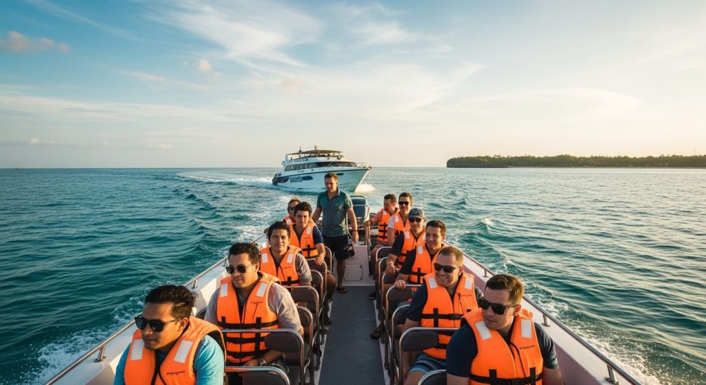 fast boat crossing from Sanur Bali to Nusa Penida, speedboat on open sea with the island on the horizon