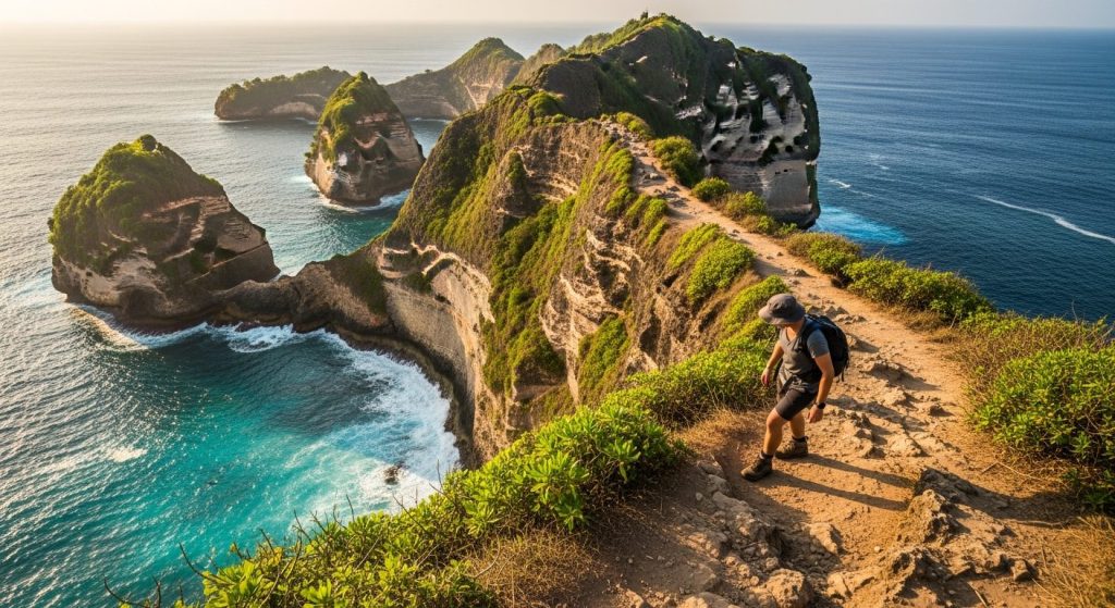 rugged remote Nusa Penida clifftop terrain above the ocean, conveying travel-safety preparation