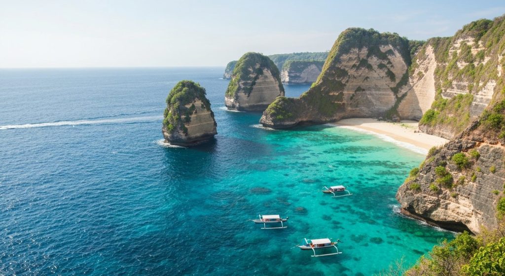 Nusa Penida coastline with turquoise water and dramatic limestone cliffs, Kelingking Beach T-Rex headland, traditional b