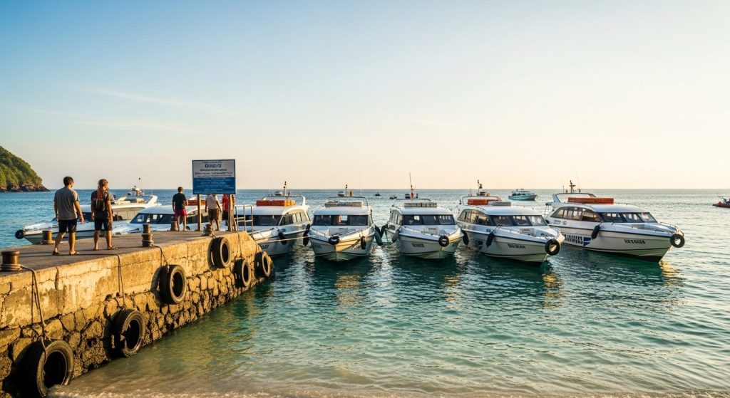 getting to Nusa Penida, fast boats moored at a Bali beach jetty ready for the crossing, open sea beyond