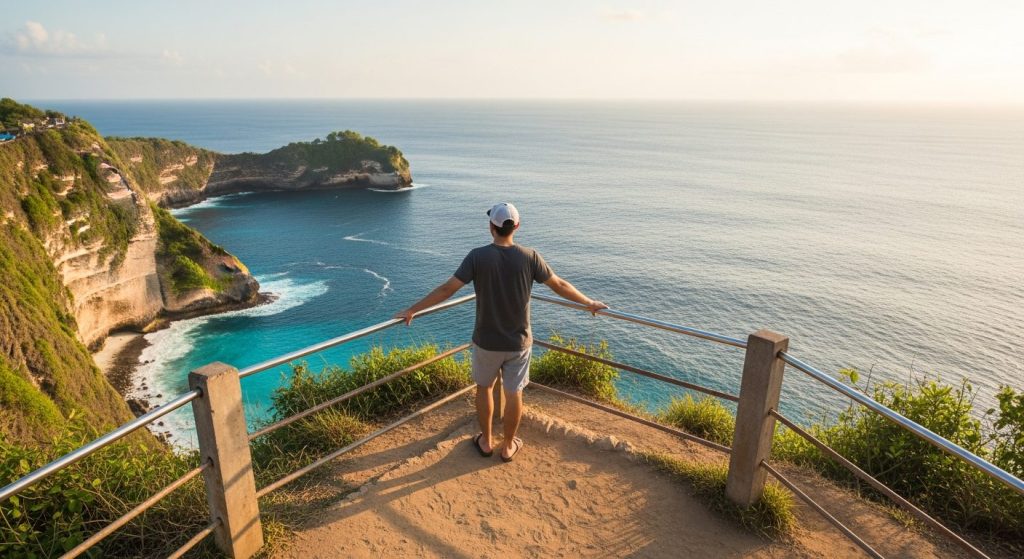 Nusa Penida clifftop viewpoint with a safety railing, sweeping ocean panorama, careful distance from the edge