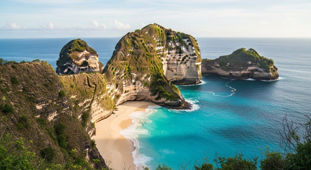 Kelingking Beach Nusa Penida, the T-Rex shaped limestone headland above a white-sand cove and turquoise water