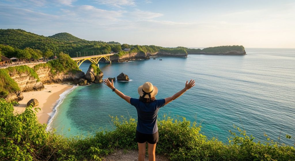 Nusa Penida and Nusa Lembongan coastlines linked by the Yellow Bridge over clear water
