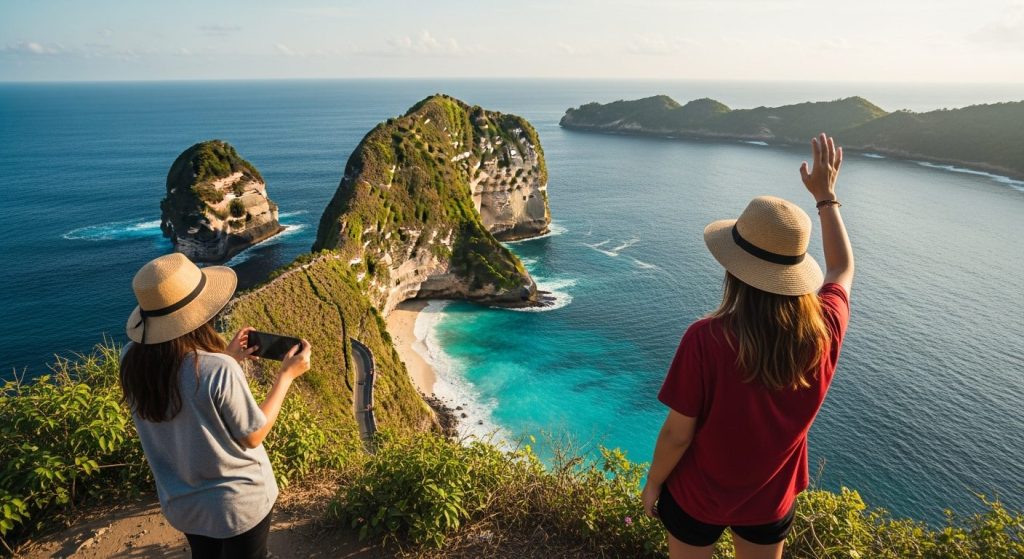 planning a Nusa Penida itinerary, clifftop panorama of a turquoise bay and winding coastal road