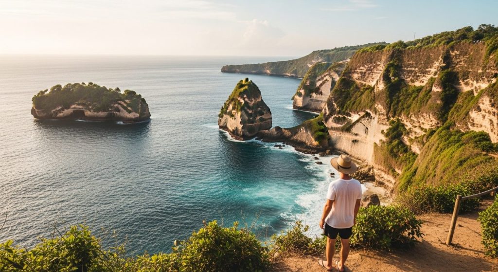Nusa Penida scenic cliff viewpoint over the ocean, calm sea and bright daylight, travel-planning mood