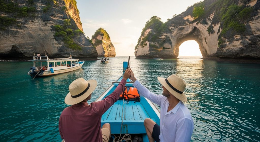 private boat charter around Nusa Penida, traditional wooden boat on calm turquoise sea below limestone cliffs
