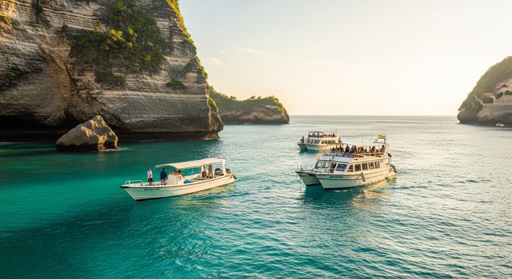 a small private boat and a larger group tour boat on the turquoise sea off Nusa Penida cliffs