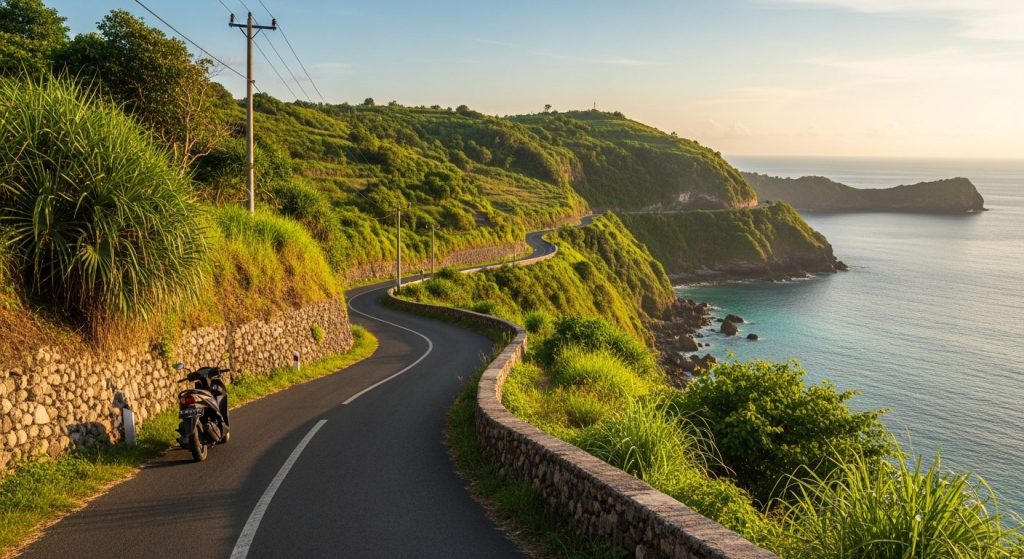 a narrow winding rural road on Nusa Penida hugging a green hillside with an ocean view, a parked scooter
