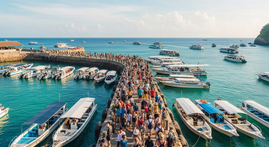 a busy Nusa Penida harbour jetty with moored boats and travellers, bright tropical daylight