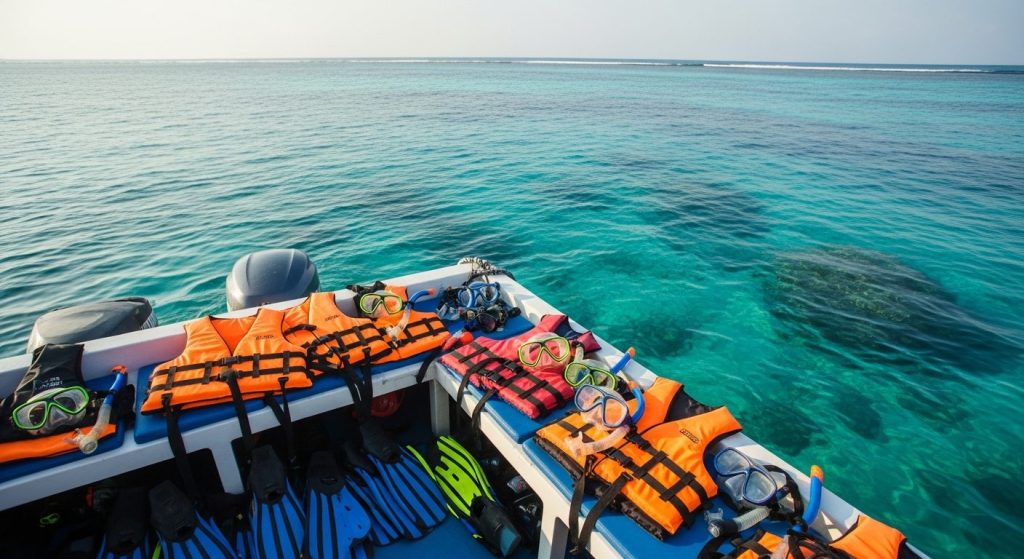 snorkel gear and life jackets arranged on a tour boat over a calm Nusa Penida reef, clear water