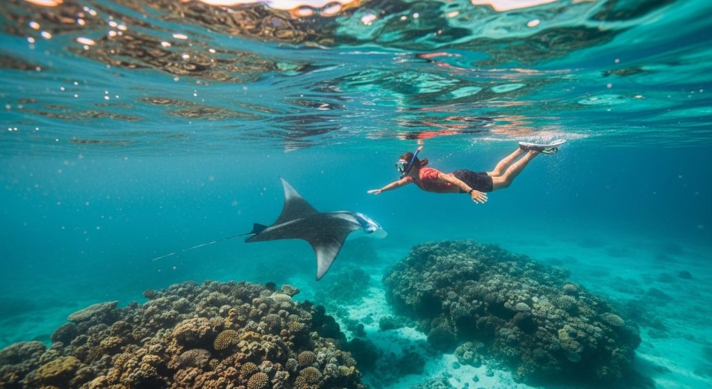 snorkeling at Manta Point Nusa Penida, clear turquoise water over coral reef with a manta ray gliding below the surface