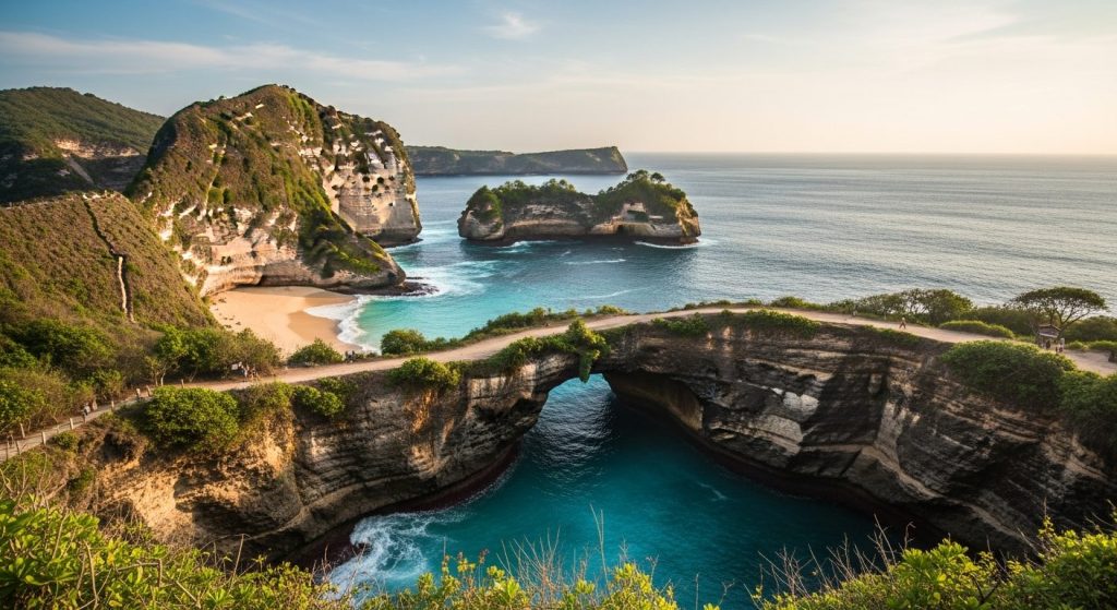 west Nusa Penida coast, Kelingking Beach viewpoint, Broken Beach natural arch and Angel's Billabong rock pool