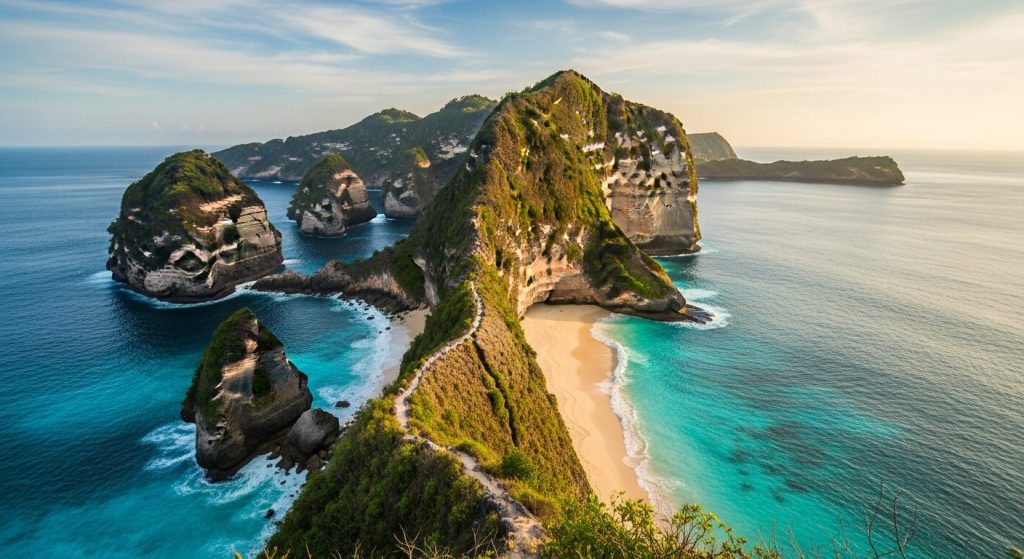 contrasting Nusa Penida coasts, the Kelingking cliffs on one side and Diamond Beach on the other, turquoise sea