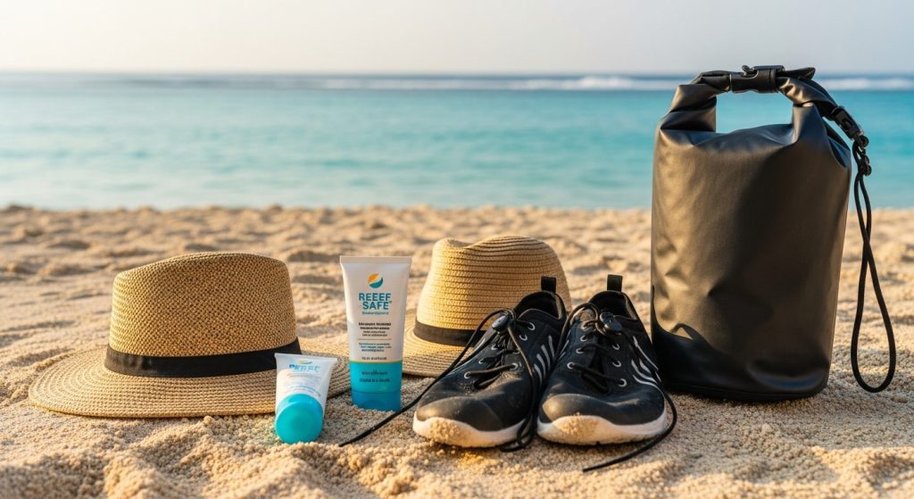 a flatlay of Nusa Penida travel essentials on sand: sun hat, reef-safe sunscreen, water shoes and a dry bag